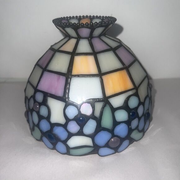 VTG Small Tiffany Style Stained Mosaic Glass Leaded Lamp Shade Slag Jeweled 6” - Picture 2 of 9